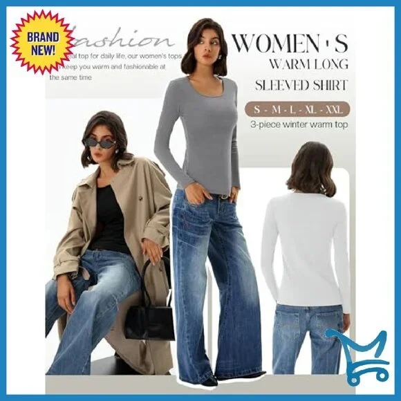 Women's Thermal Long Sleeve Shirts Fleece Lined Scoop Neck Base Layer 3 Pack